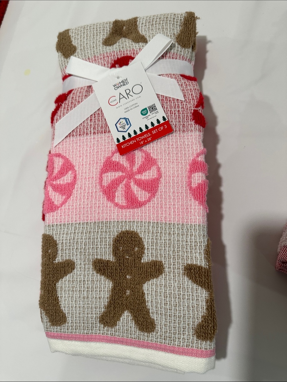 NWT Pink Christmas Holiday towels kitchen bathroom seasonal gingerbread bear